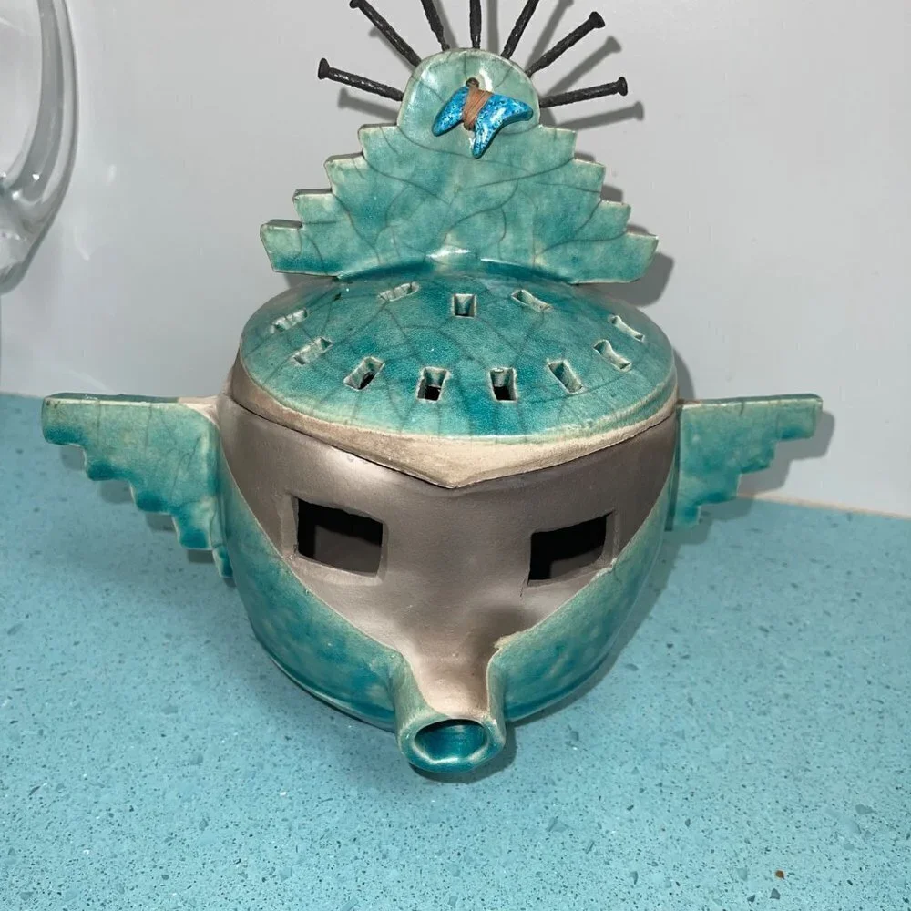 Barbara Heard Ceramic Lantern Signed Bird Head Blue Gray Handmade Pottery Candle